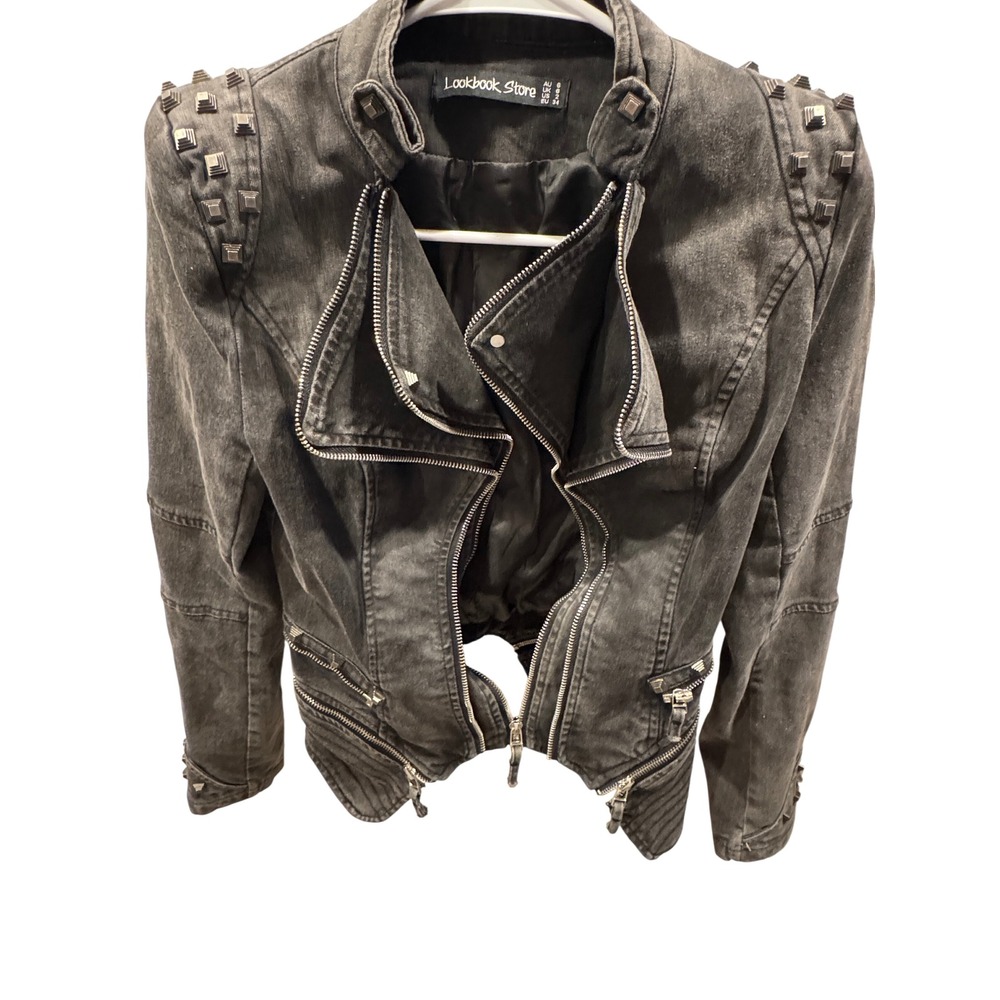 Lookbook Store Womens Studded Acid Wash Denim Moto Jacket Gray Black Size 8 M